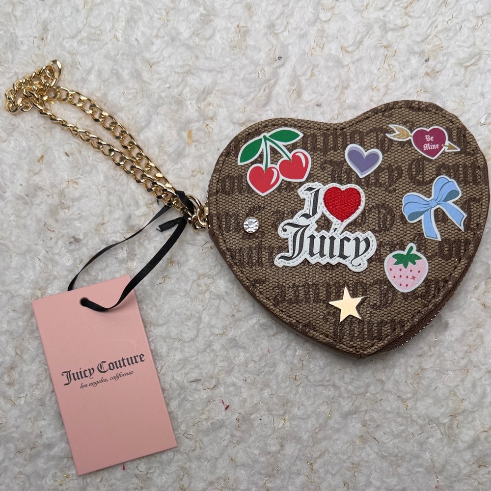 Juicy Couture Brown Heart Coin Purse‎ or wristlet with Colorful Patches